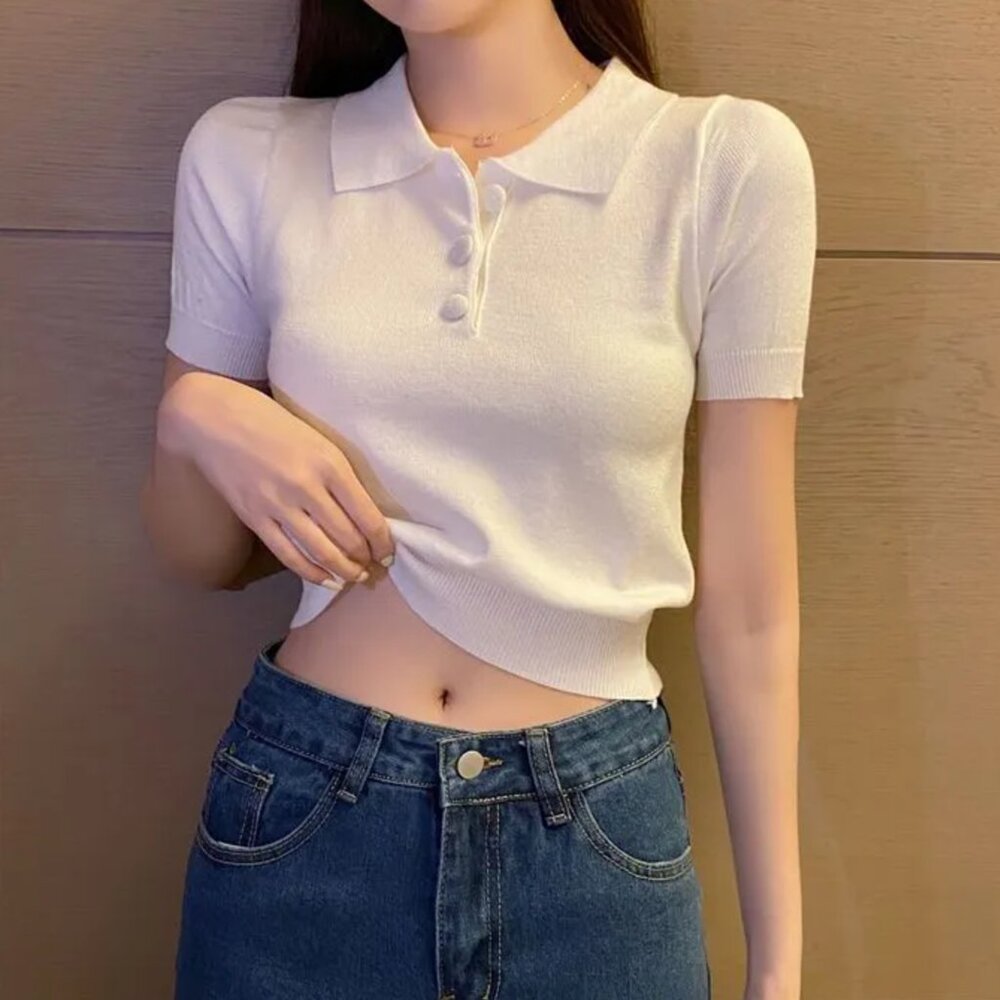 white short-sleeve knit buttoned polo shirt | womens tops